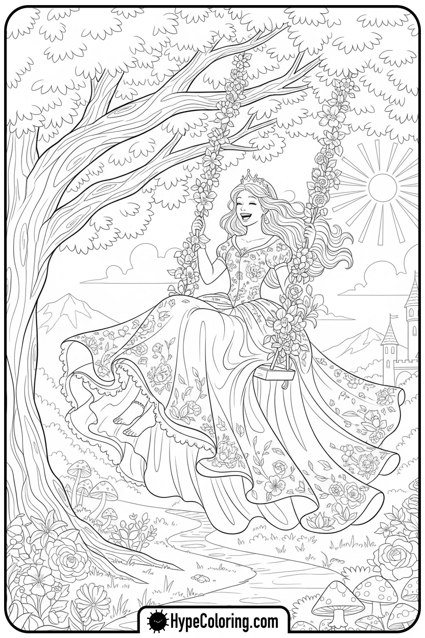 princess-on-swing - princess coloring pages printable