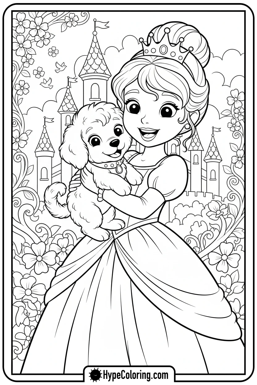 princess-cuddling-puppy - princess coloring pages printable