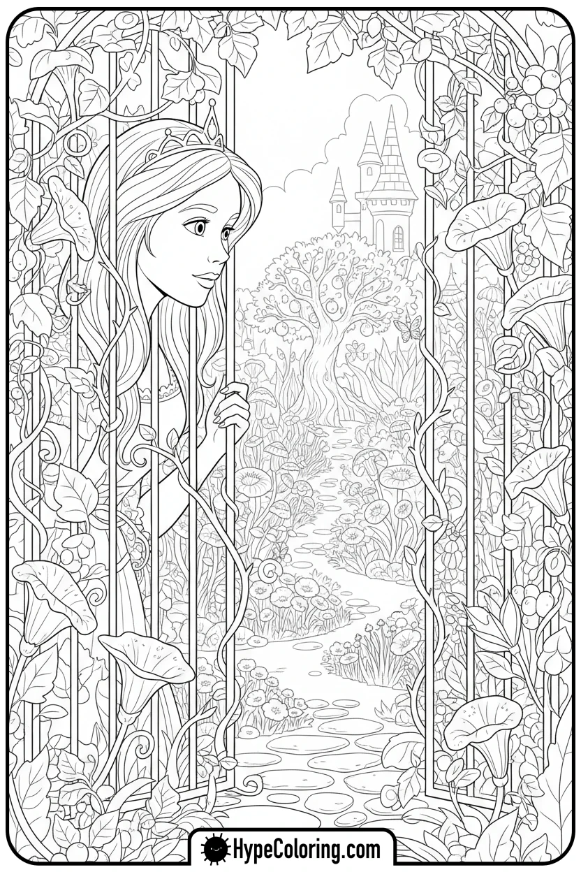 princess-exploring-secret-garden - princess coloring pages printable