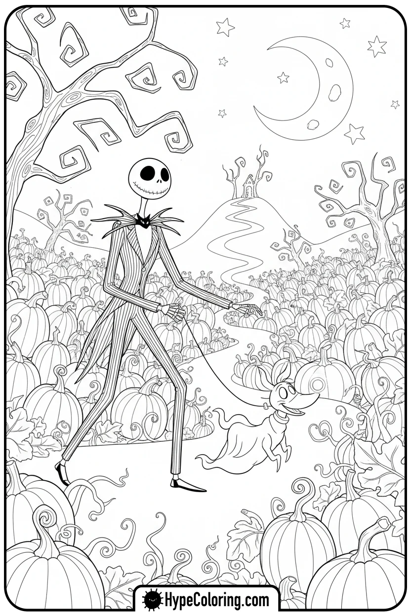 Click to download PDF jack-and-zero-in-pumpkin-patch - nightmare before christmas coloring pages