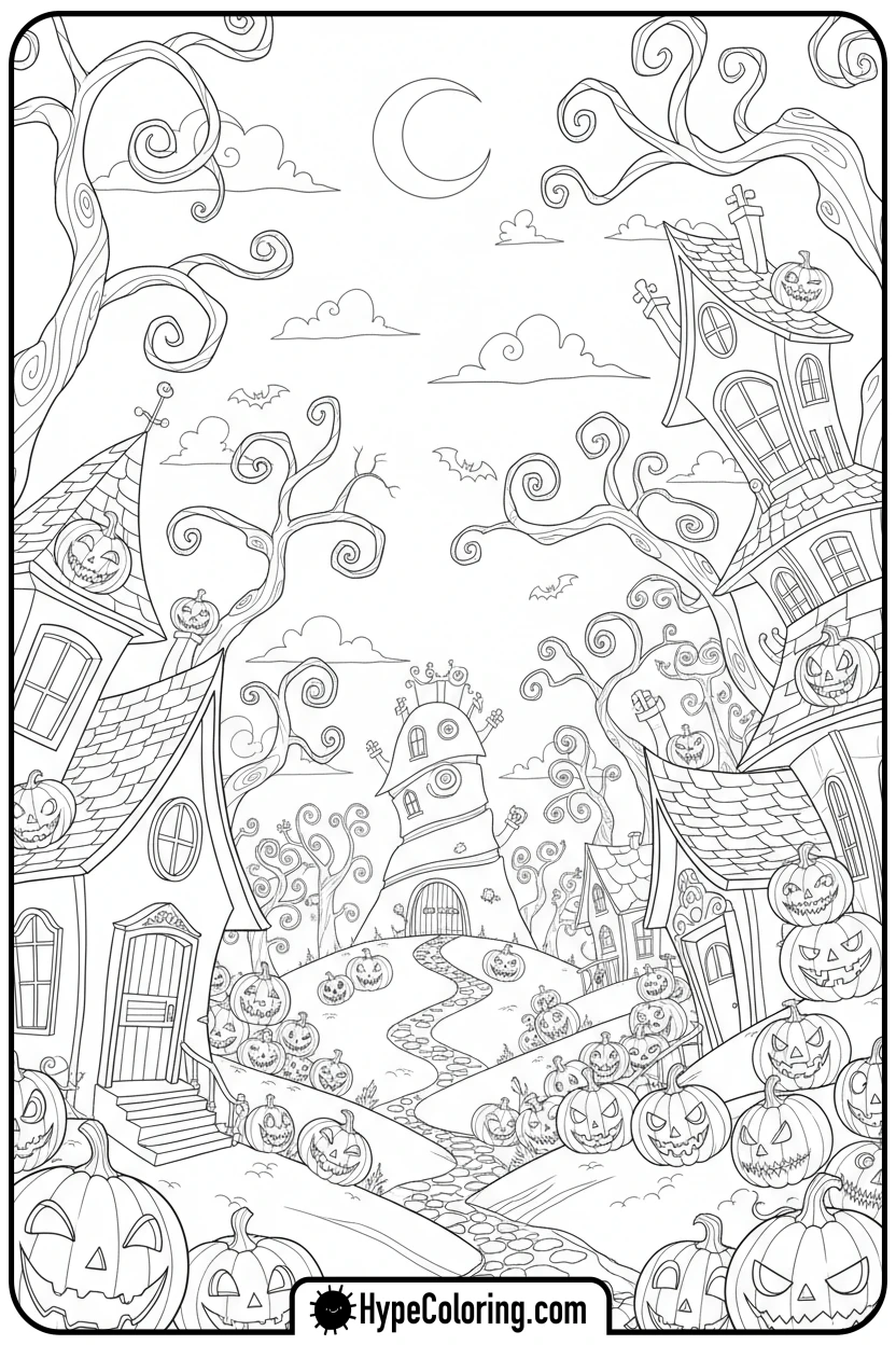 Click to download PDF halloween-town-scenic-view - nightmare before christmas coloring pages