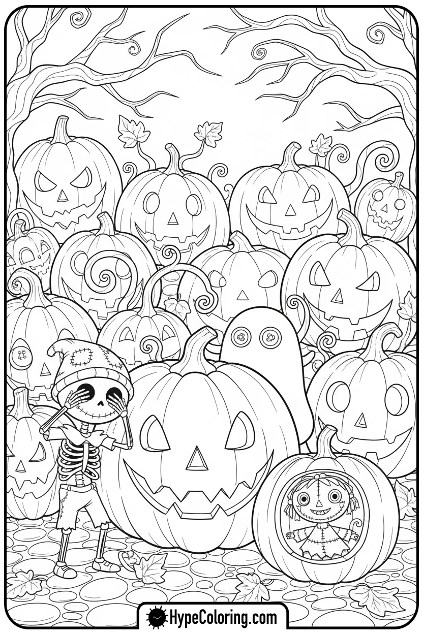 Click to download PDF kids-playing-in-pumpkin-patch - nightmare before christmas coloring pages