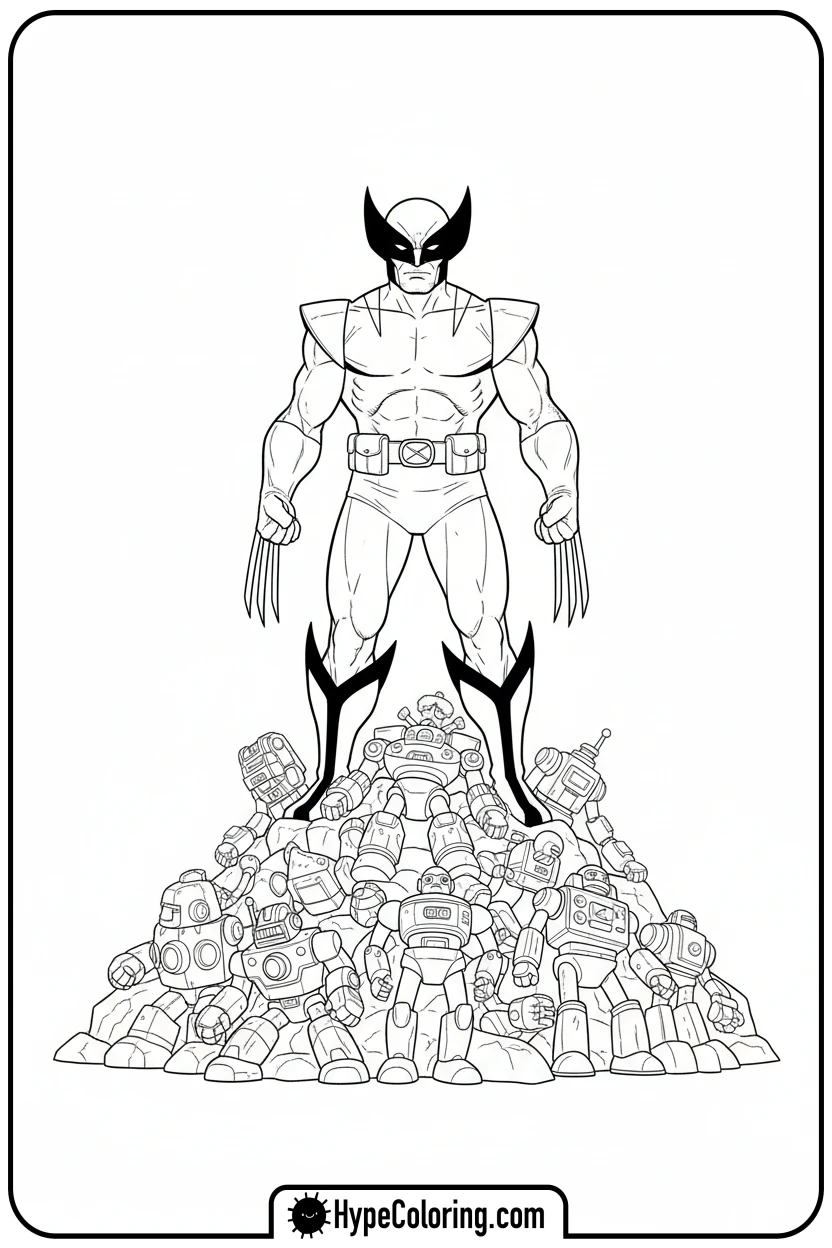 wolverine-on-pile-of-toy-robots - wolverine coloring page