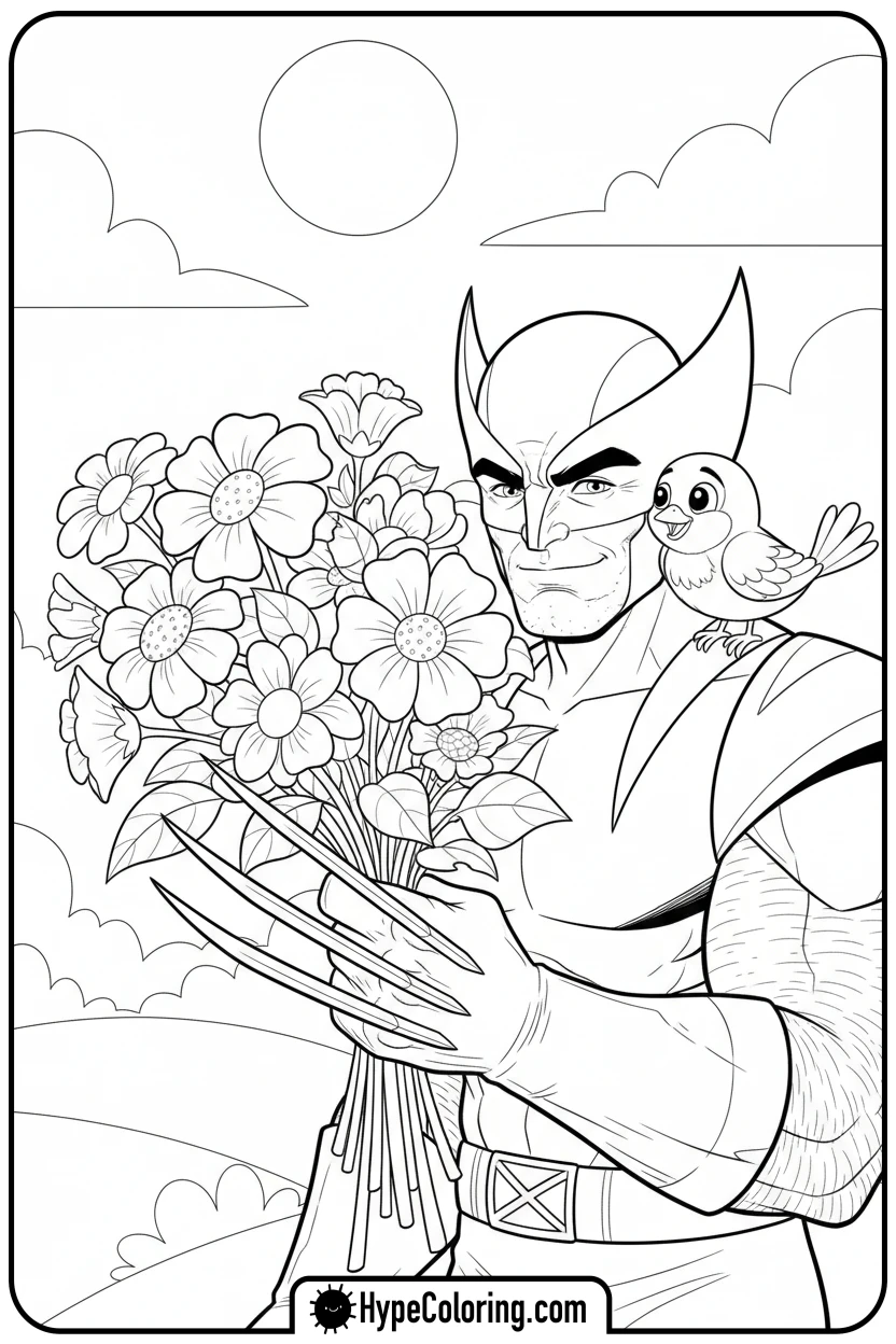 wolverine-with-flowers-and-bird - wolverine coloring page