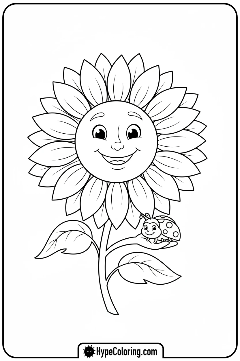 smiling-sunflower-with-ladybug - adult coloring flower pages