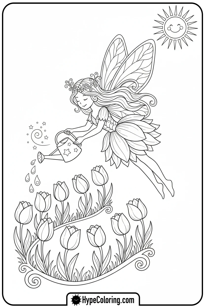 flower-fairy-watering-tulips - adult coloring flower pages
