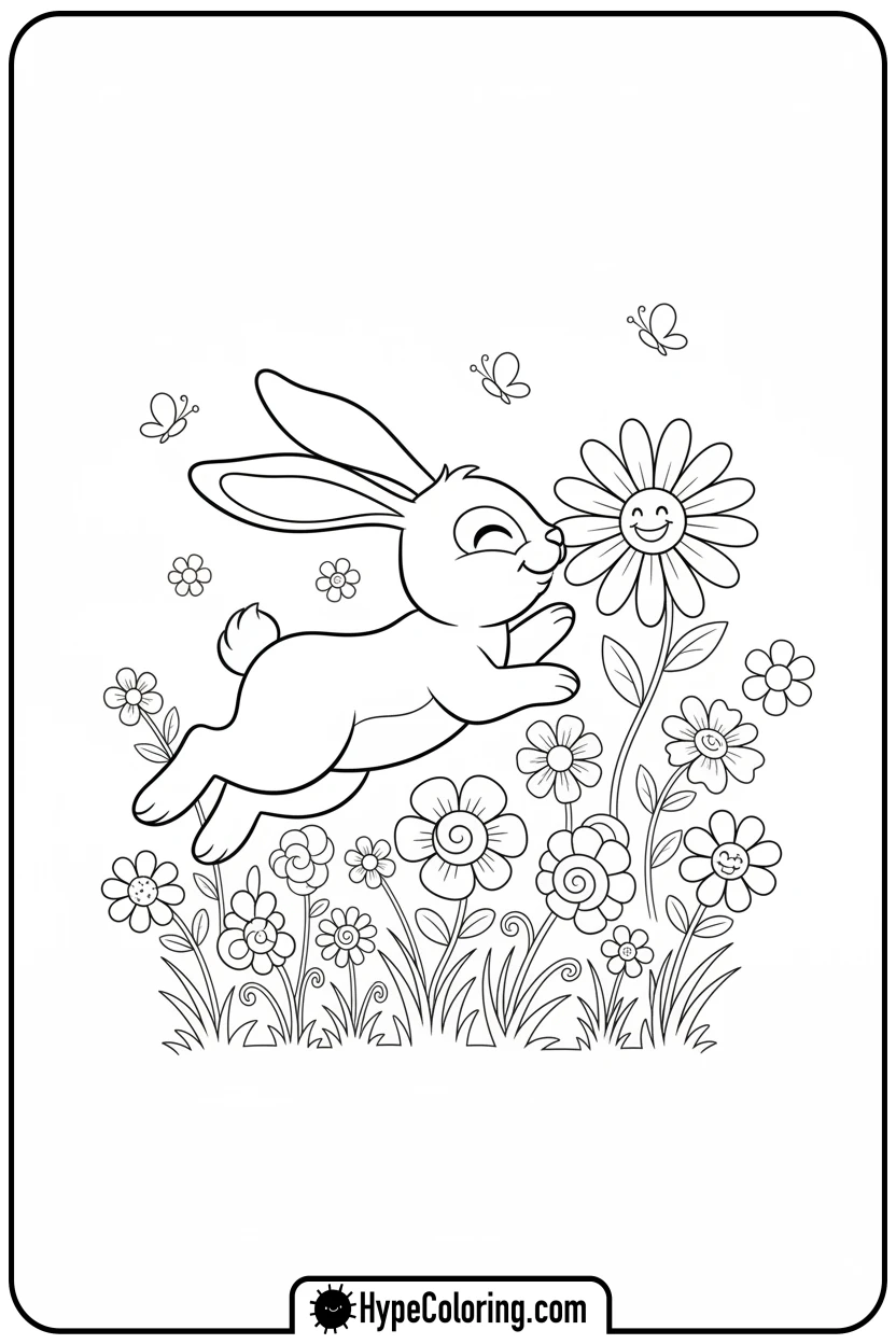 bunny-in-wildflower-field - adult coloring flower pages