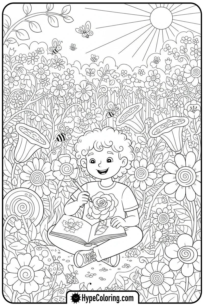 child-drawing-in-flower-garden - adult coloring flower pages