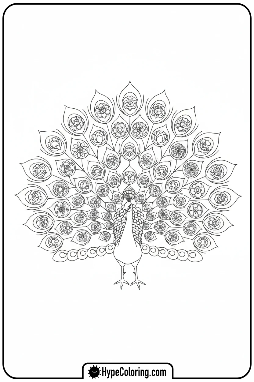 peacock-with-flower-tail - adult coloring flower pages