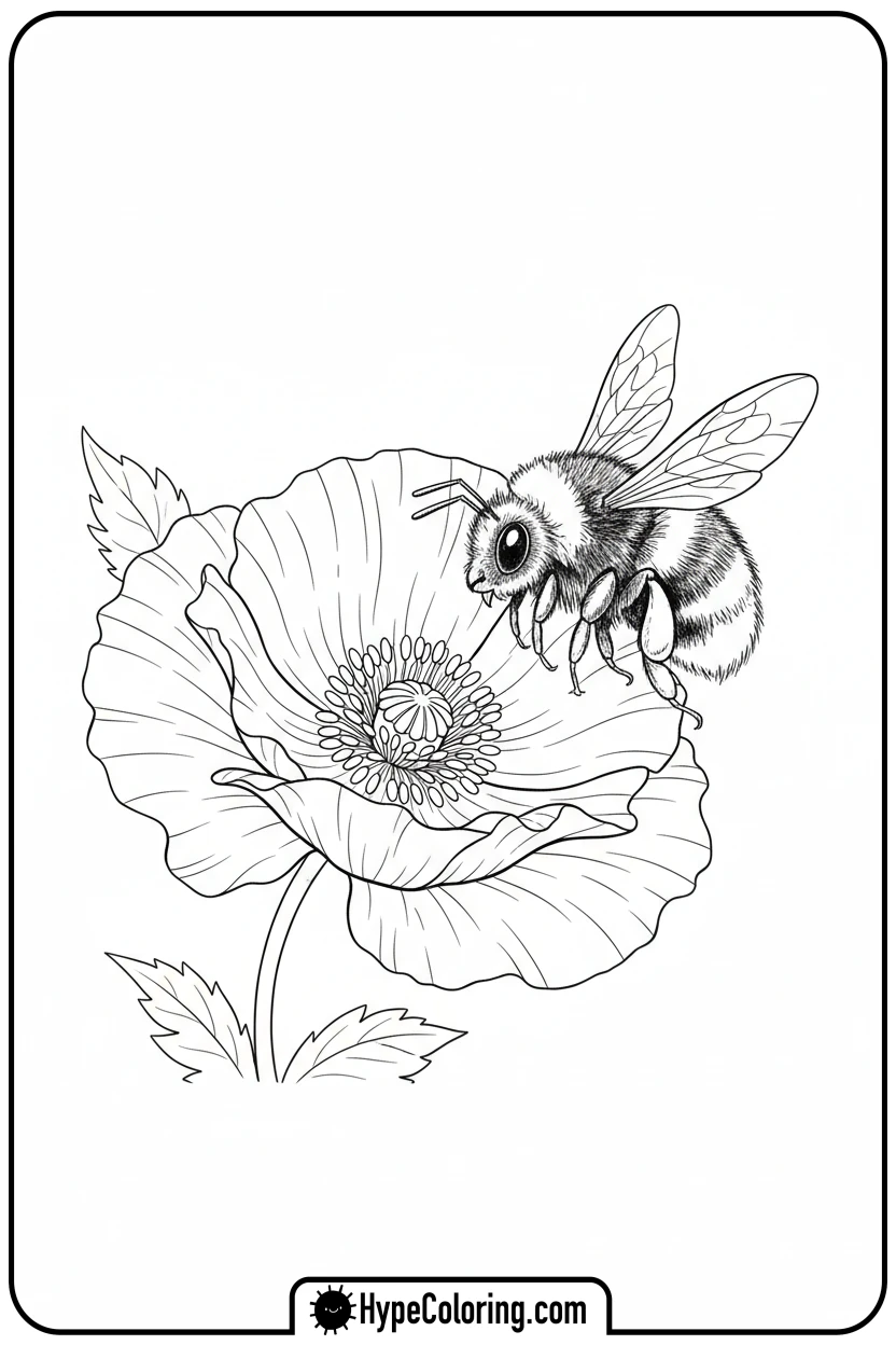 bumblebee-with-poppy - adult coloring flower pages