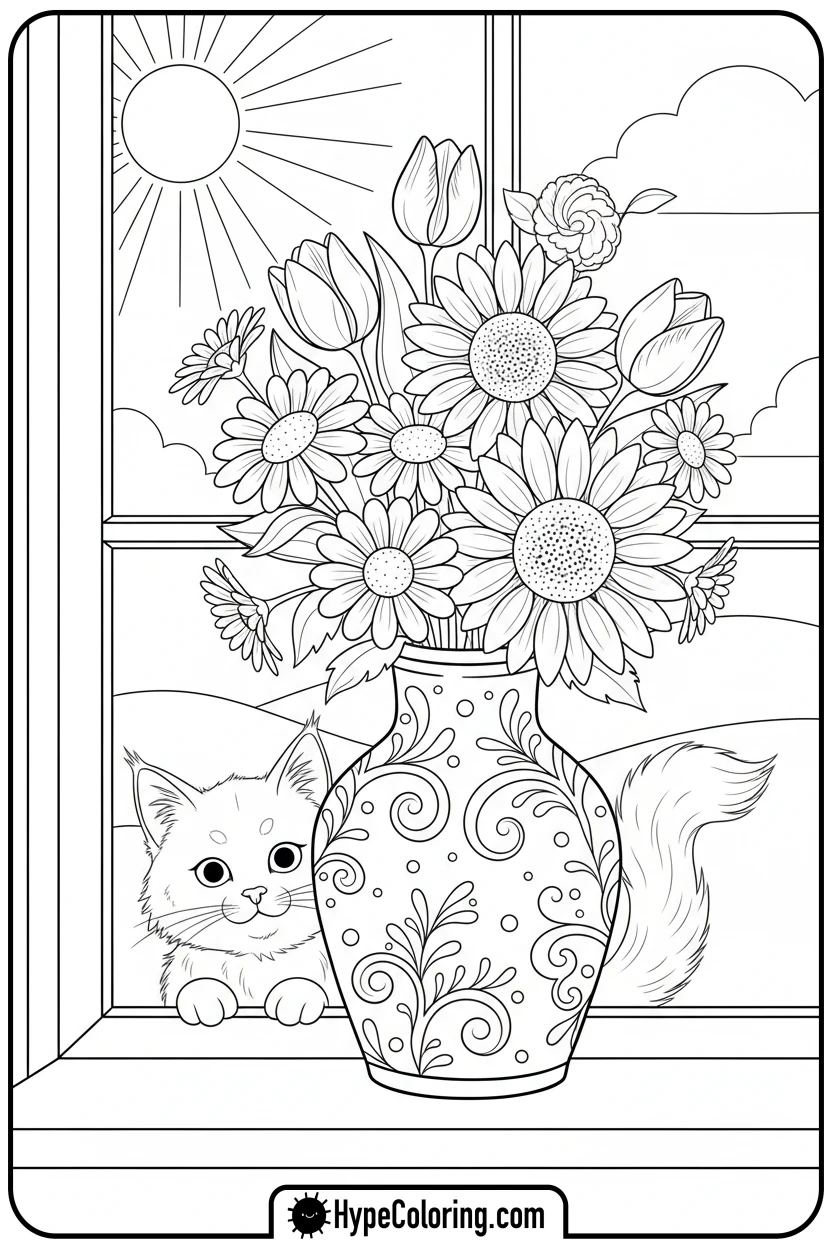 flower-bouquet-with-kitten - adult coloring flower pages