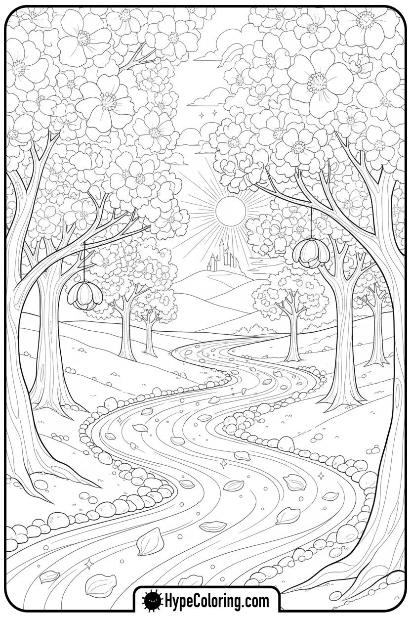 petal-river-landscape - adult coloring flower pages