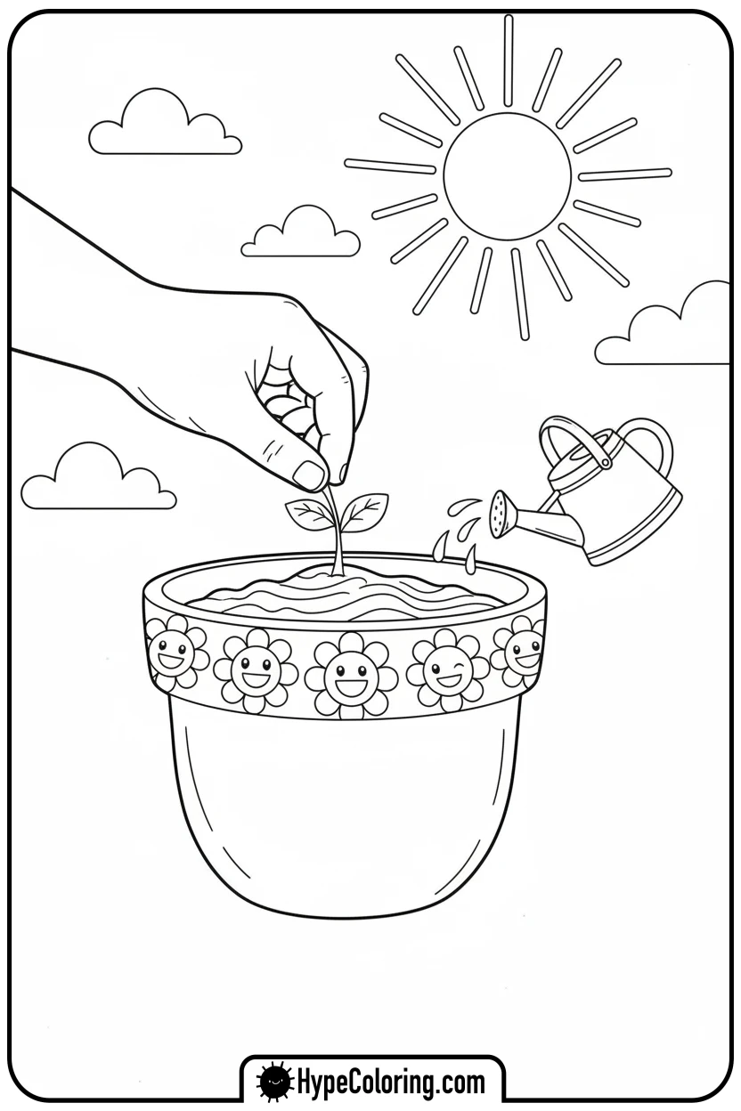 child-planting-flower-pot - adult coloring flower pages