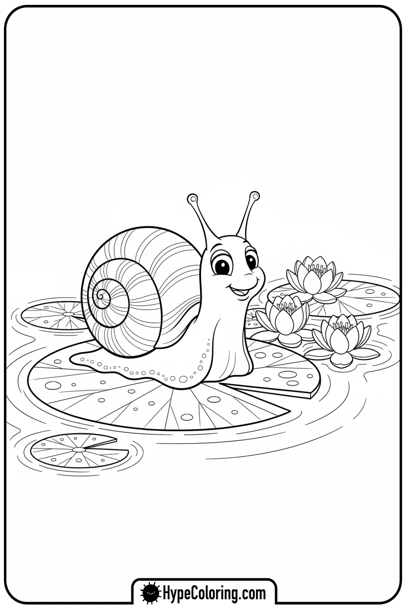snail-on-lily-pad - adult coloring flower pages