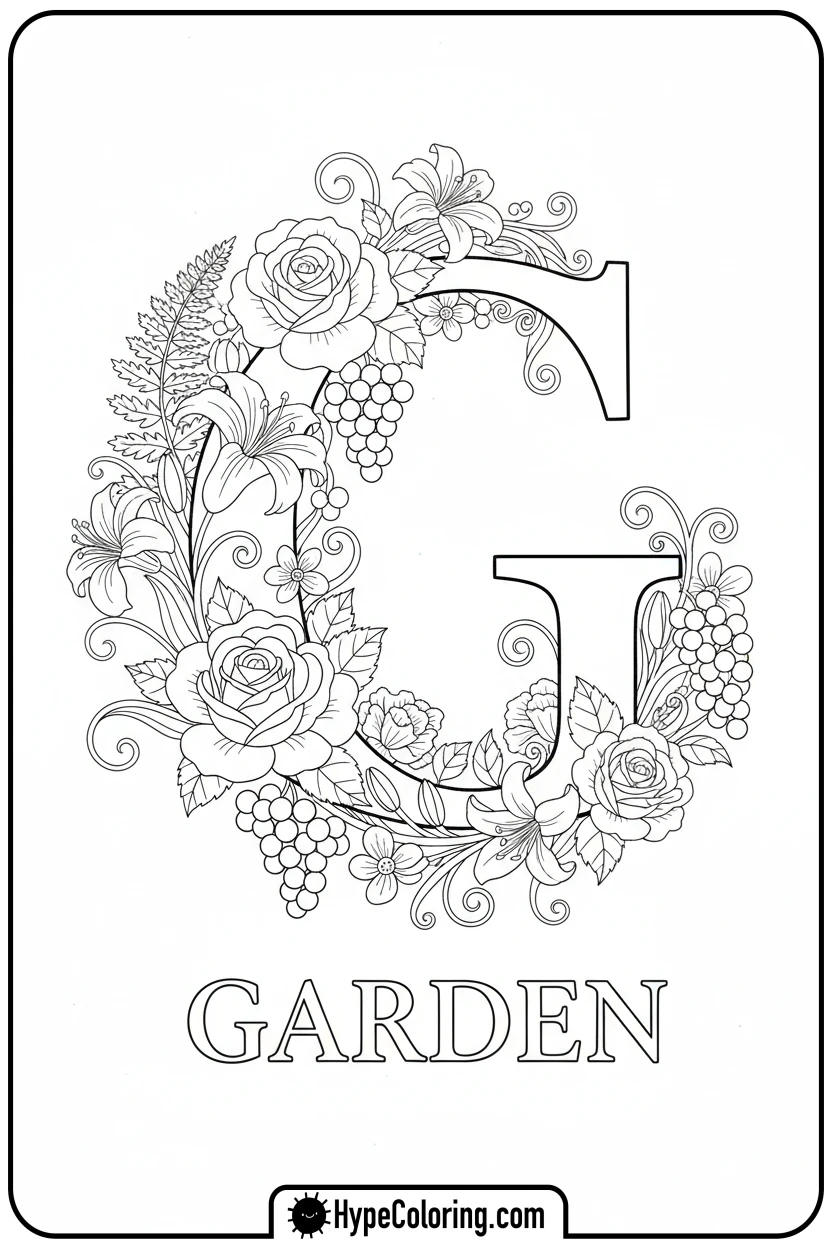 floral-letter-g - adult coloring flower pages
