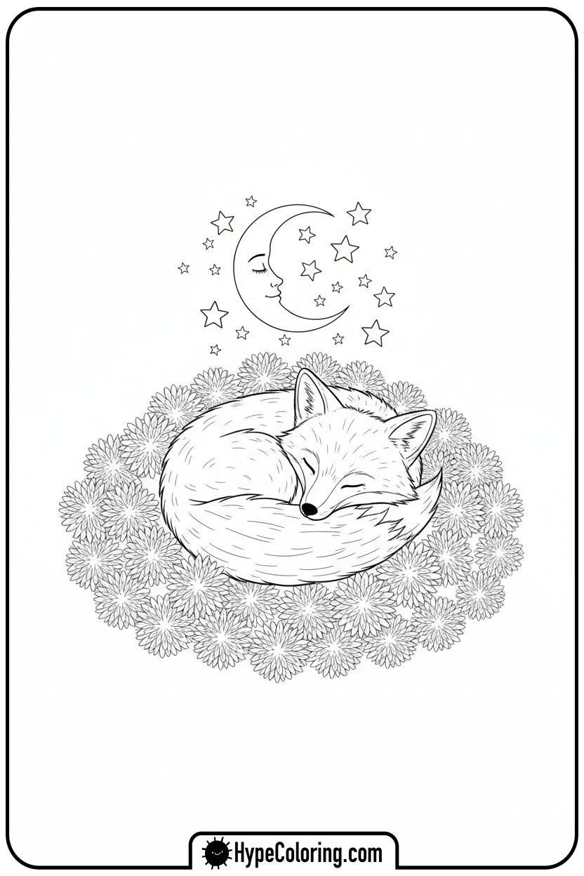 fox-sleeping-in-dandelions - adult coloring flower pages