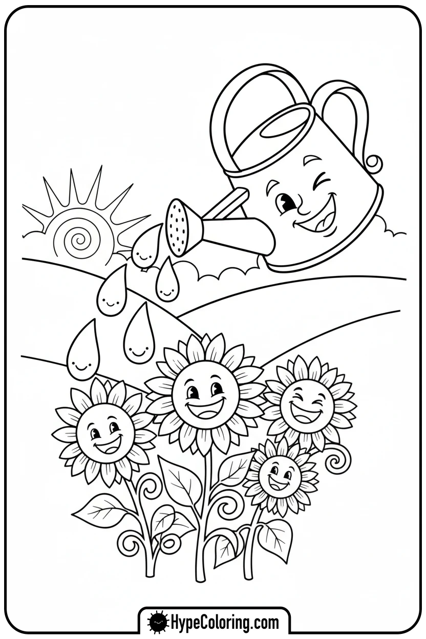 winking-watering-can-with-sunflowers - adult coloring flower pages