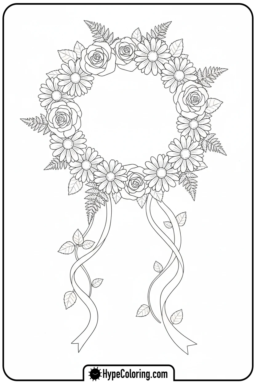 floral-crown-with-ribbons - adult coloring flower pages