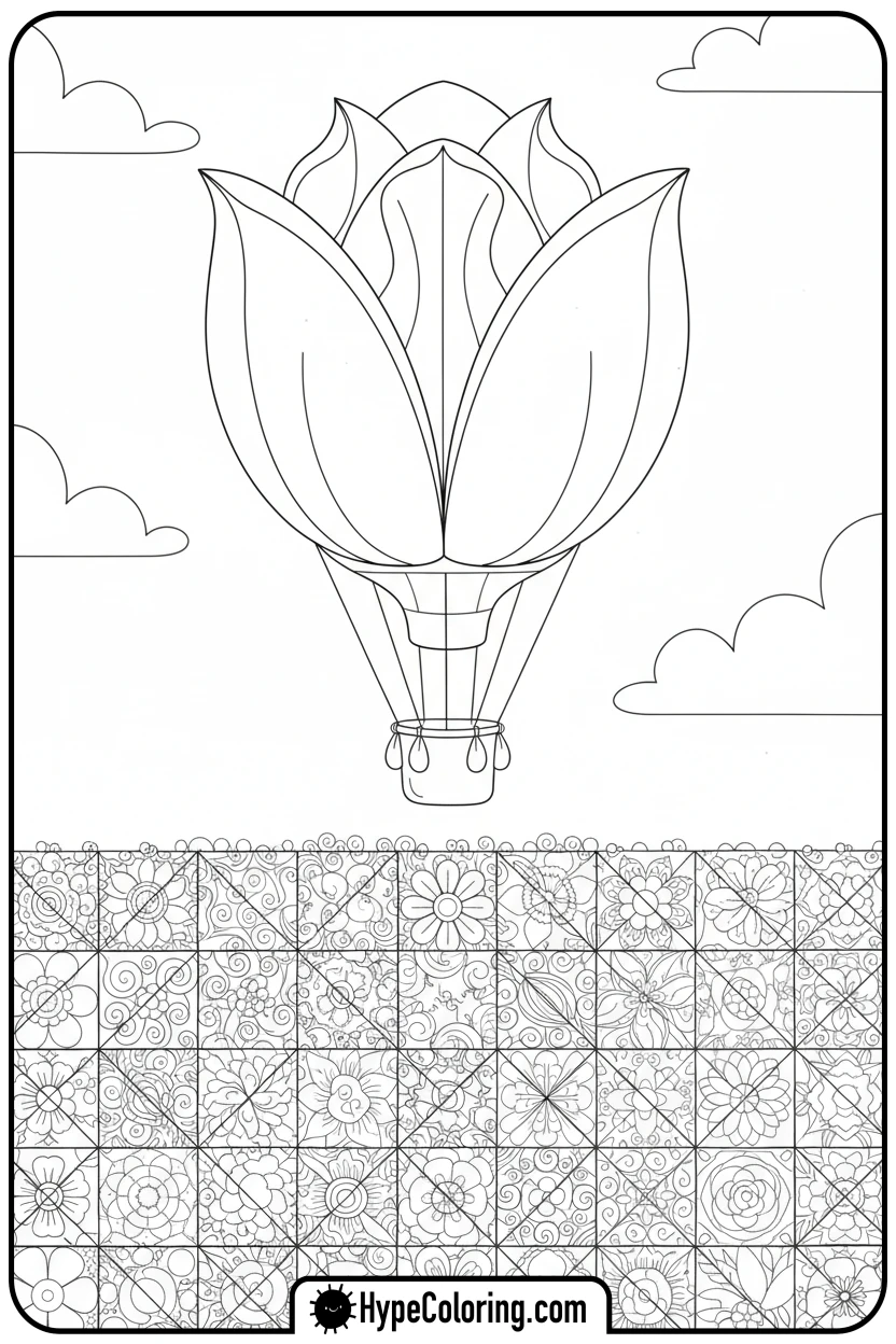 tulip-hot-air-balloon - adult coloring flower pages