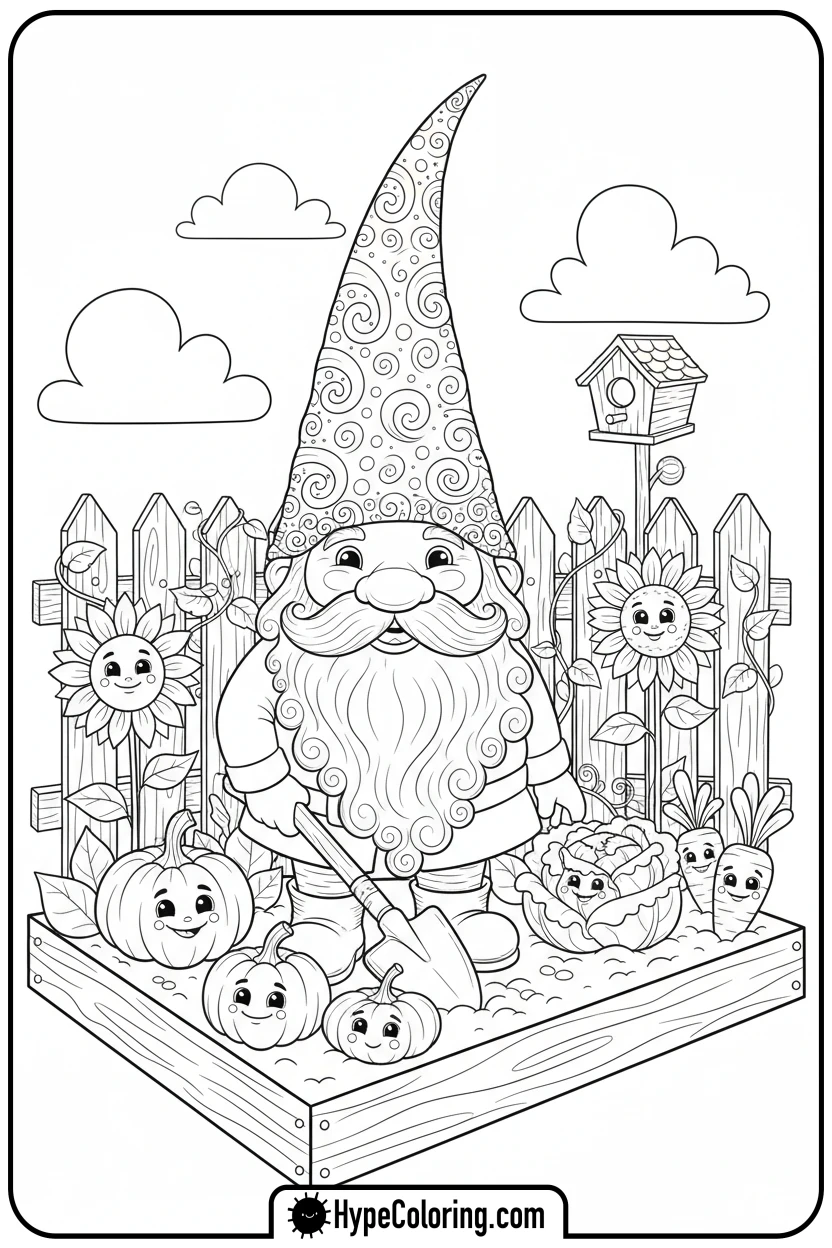 garden-gnome-with-spade - adult coloring flower pages