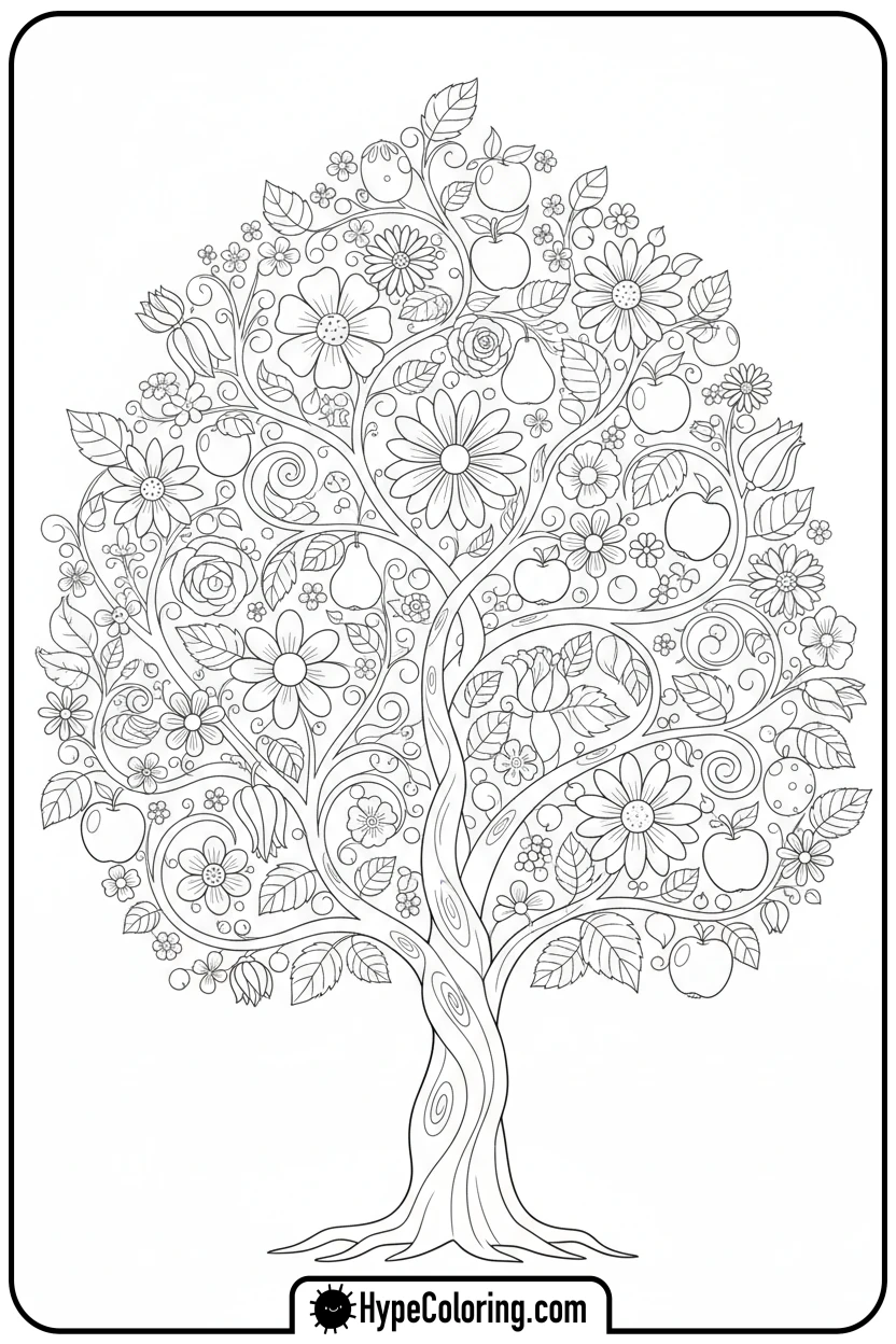 magical-flower-tree - adult coloring flower pages