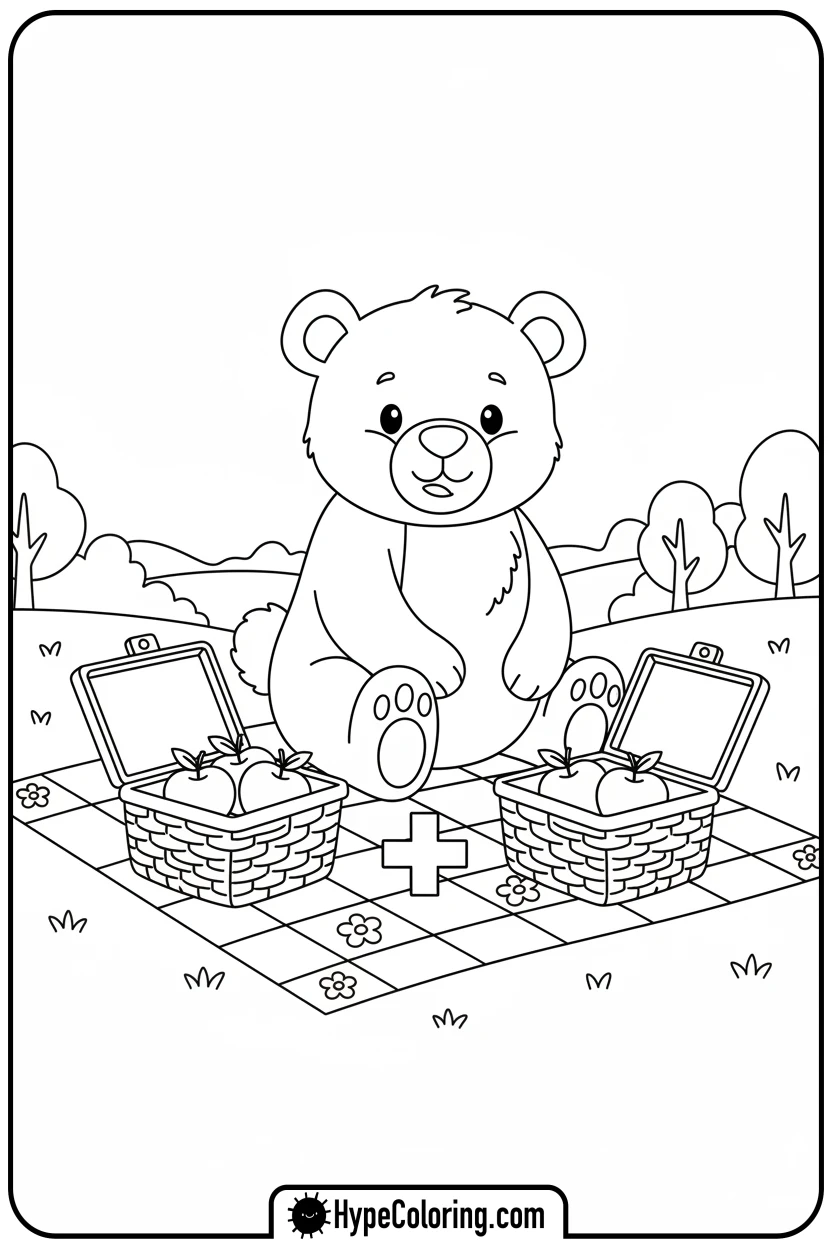 bear-with-apples-and-plus-sign - addition coloring pages