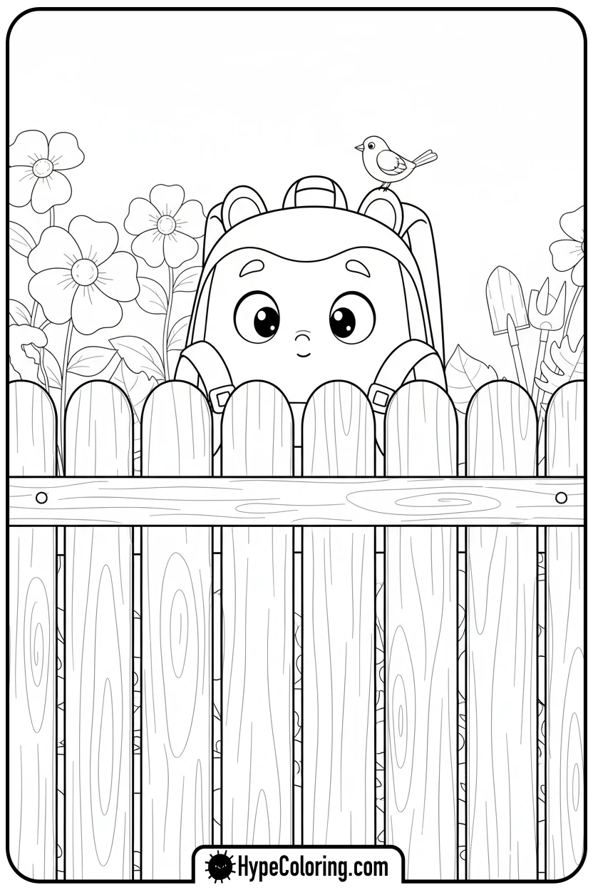 backpack-peeking-over-fence - backpack coloring page