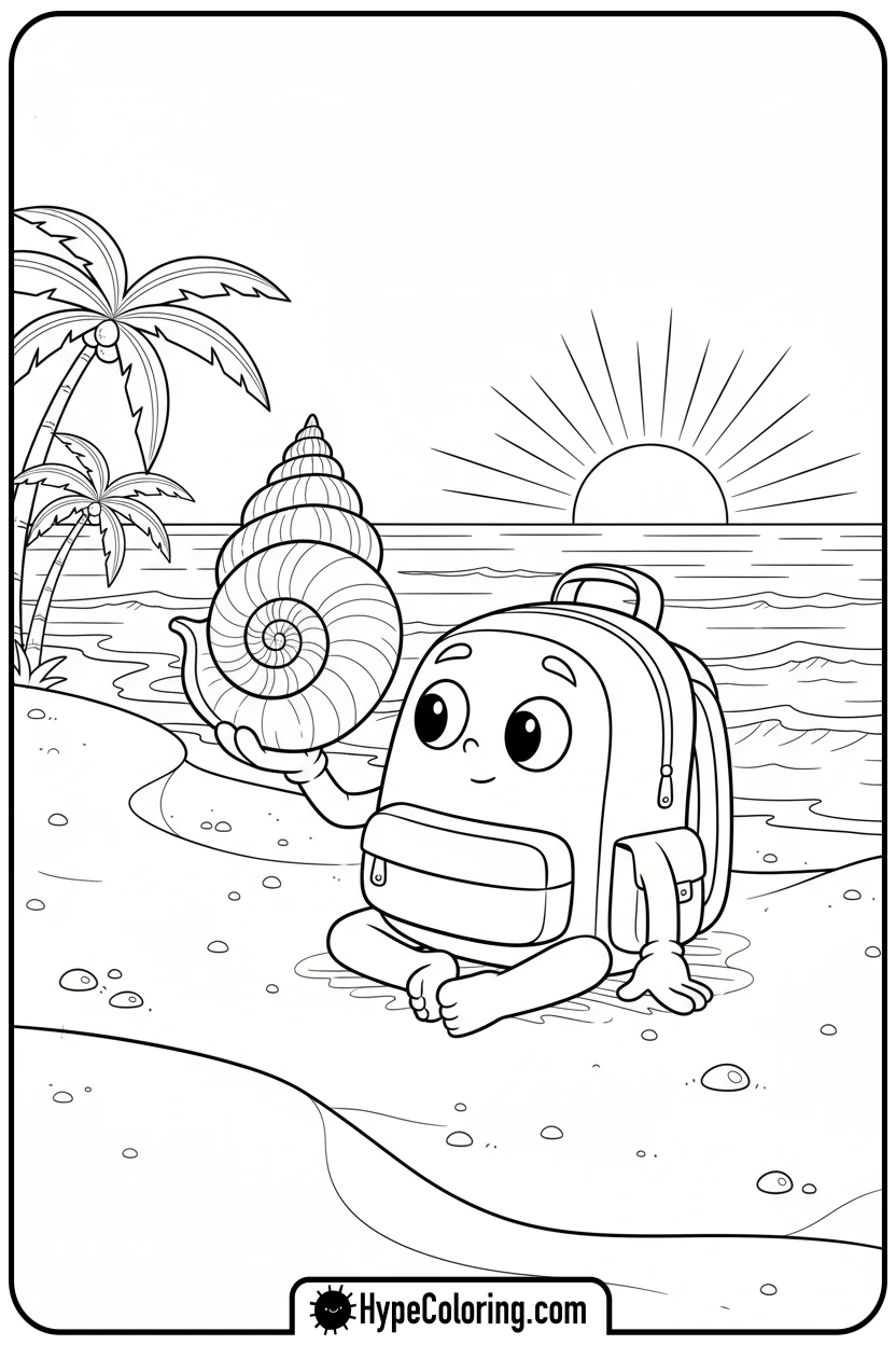 backpack-examining-seashell - backpack coloring page