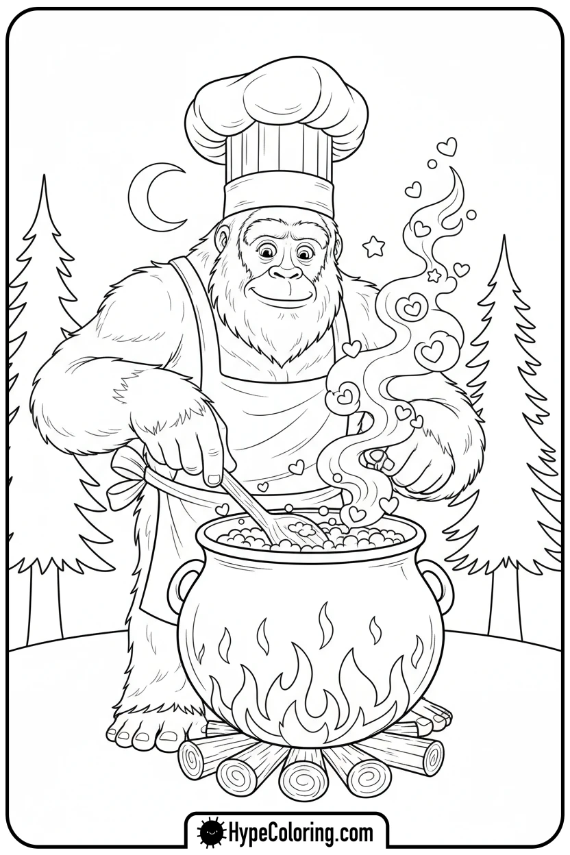 bigfoot-cooking-over-campfire - bigfoot coloring pages