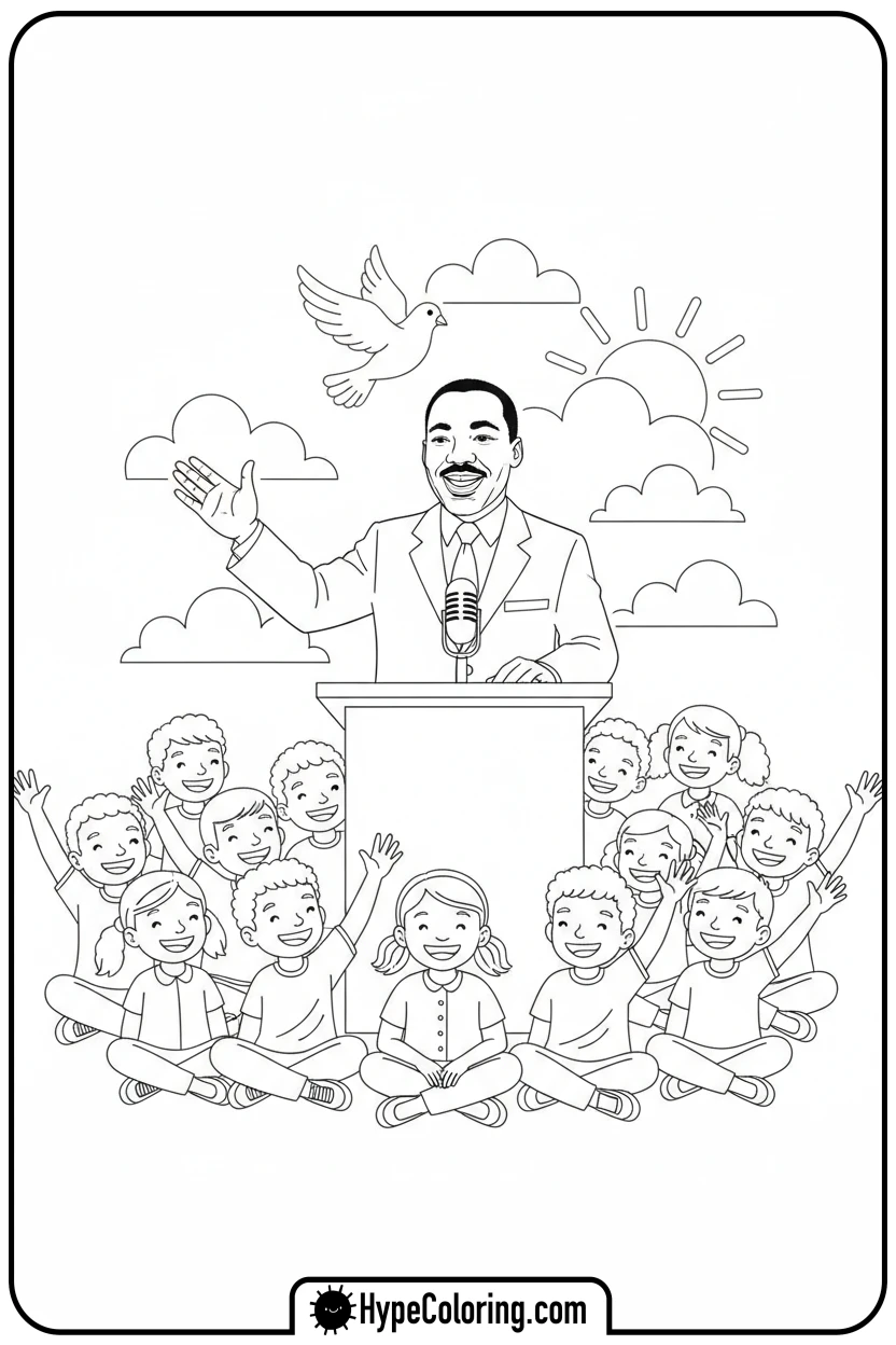 Click to download PDF mlk-jr-speaking-to-children - black history coloring pages