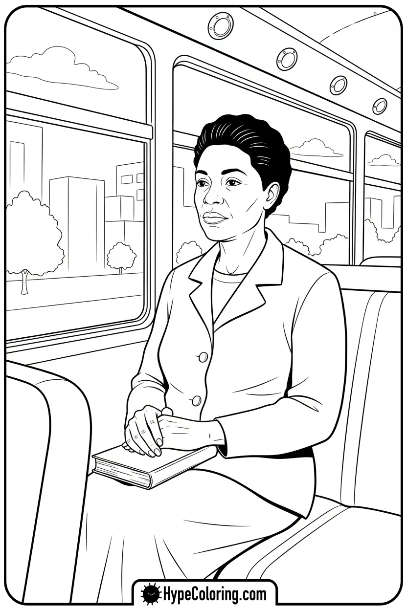 Click to download PDF rosa-parks-sitting-on-a-bus - black history coloring pages