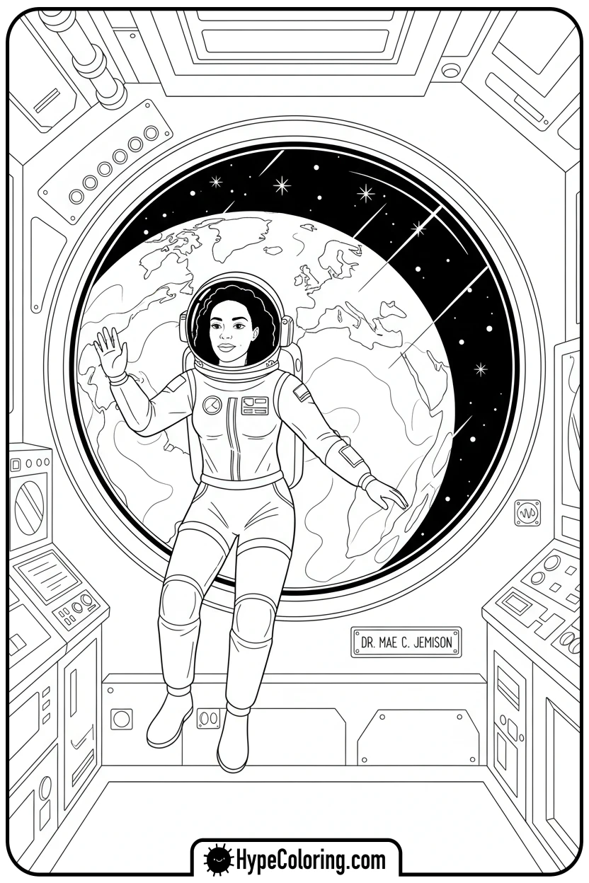 Click to download PDF mae-jemison-in-space - black history coloring pages