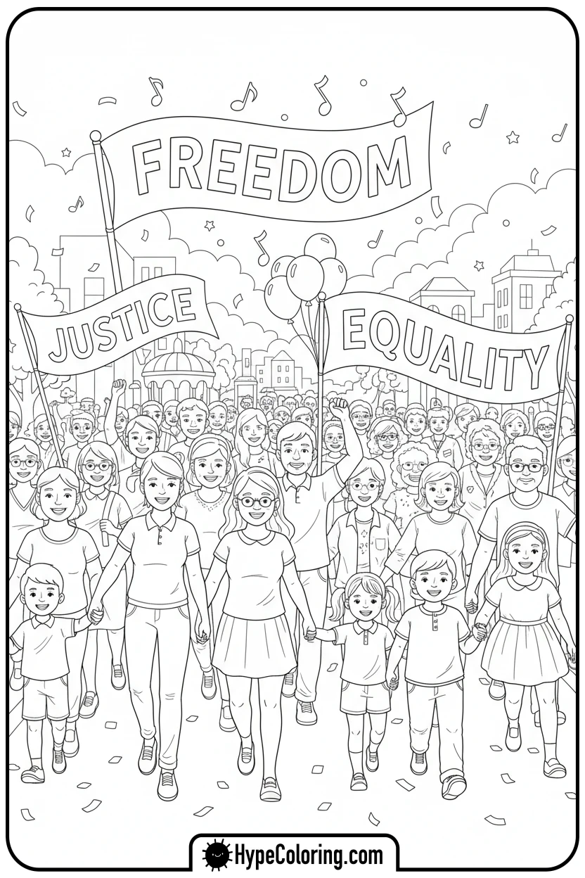 Click to download PDF freedom-and-justice-parade - black history coloring pages