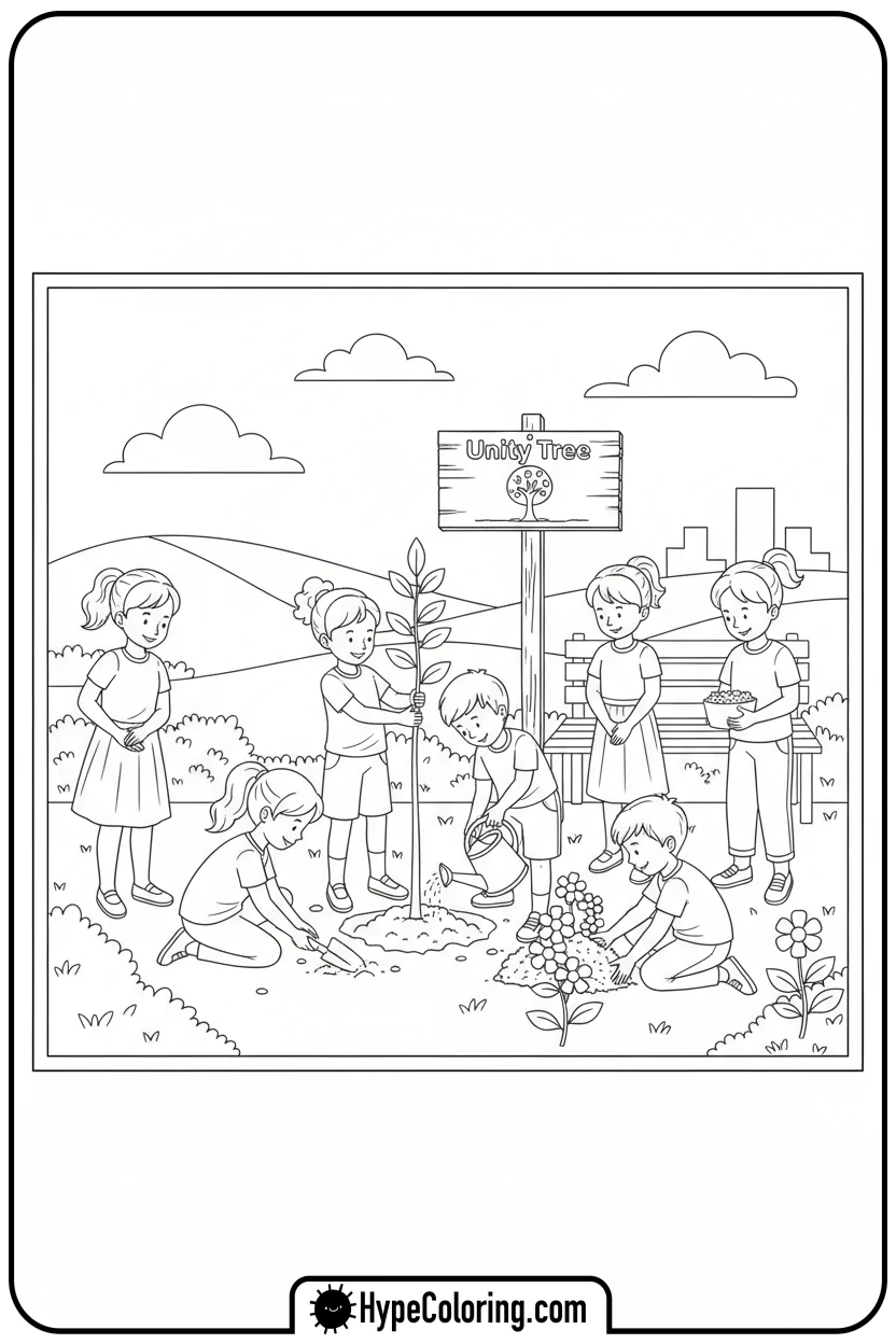 Click to download PDF children-planting-unity-tree - black history coloring pages