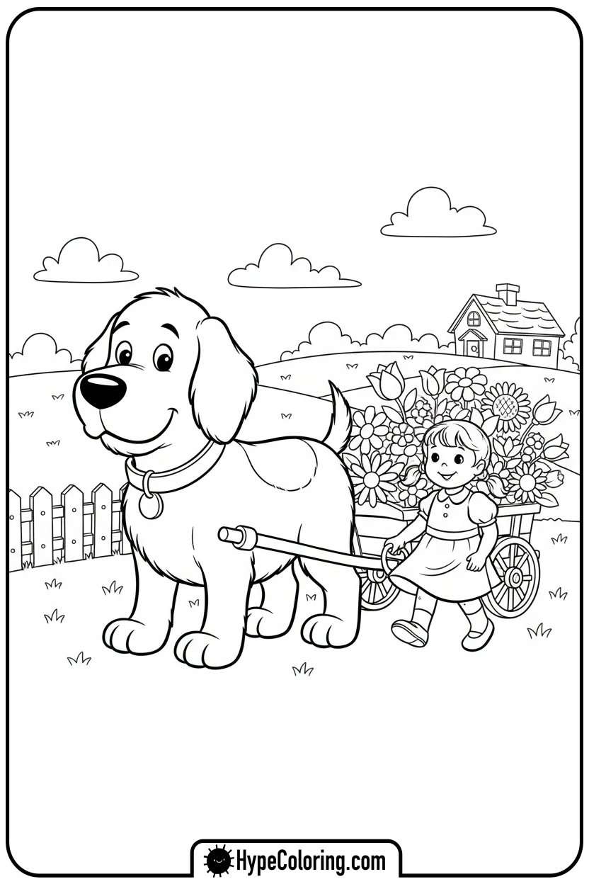 Click to download PDF clifford-pulling-wagon-with-flowers - clifford the red dog coloring pages