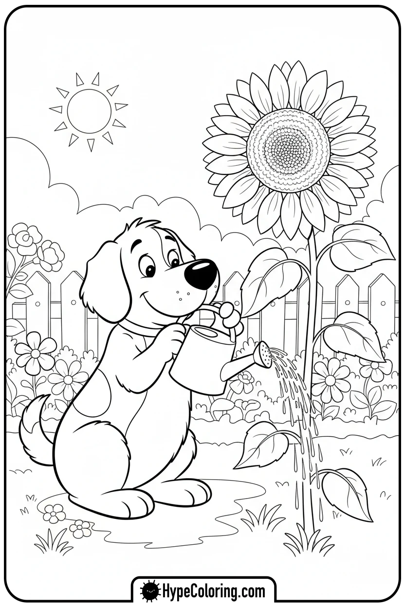 Click to download PDF clifford-watering-a-sunflower - clifford the red dog coloring pages