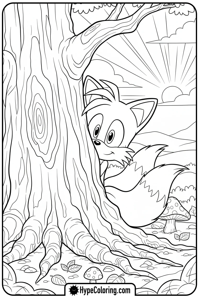 tails-peeking-from-tree - tails color page