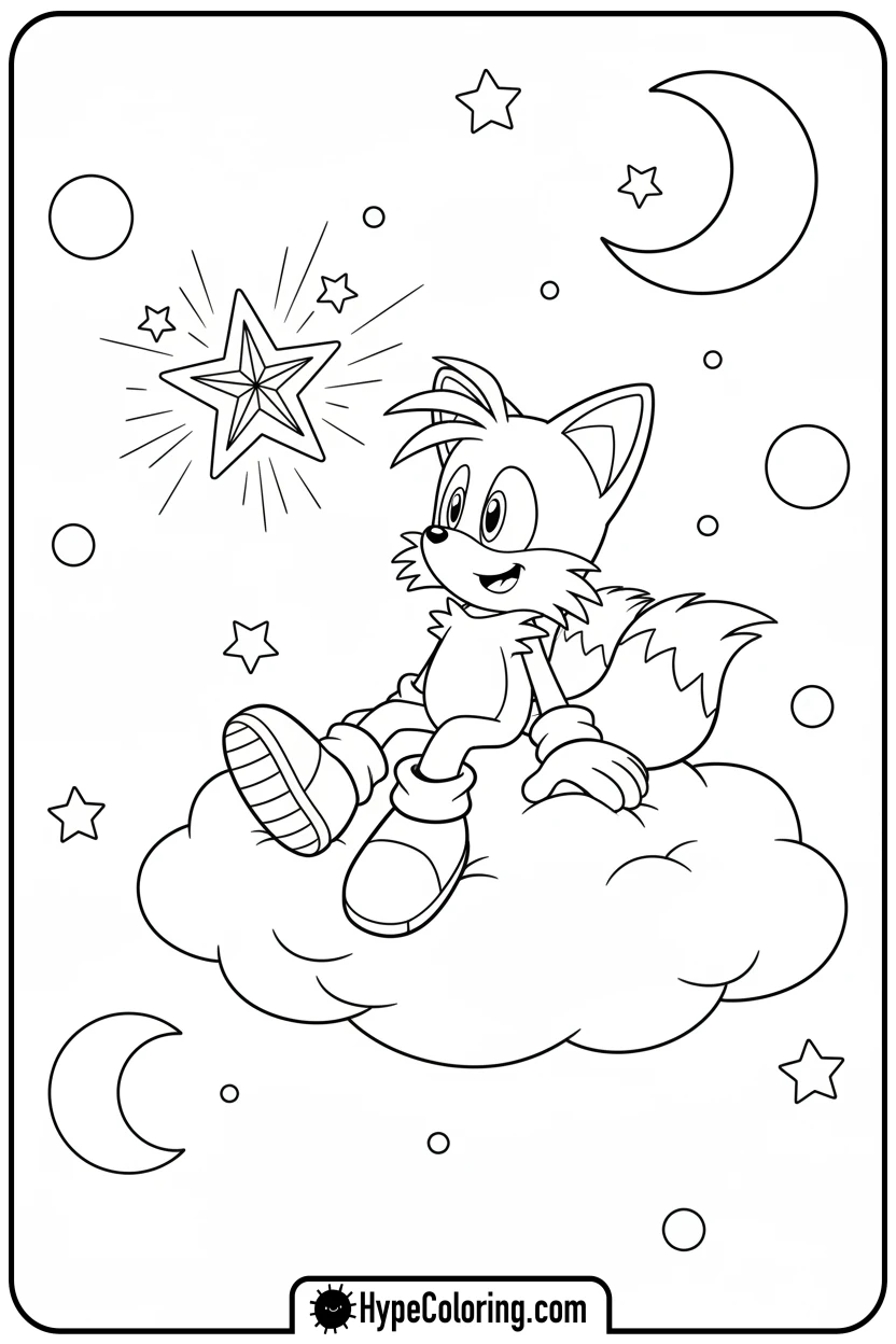 tails-stargazing-on-cloud - tails color page