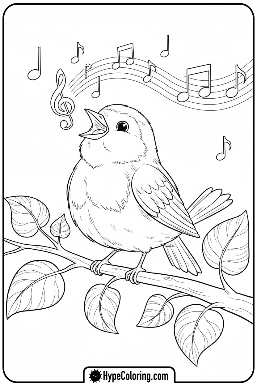 robin-singing-on-branch - birds coloring page