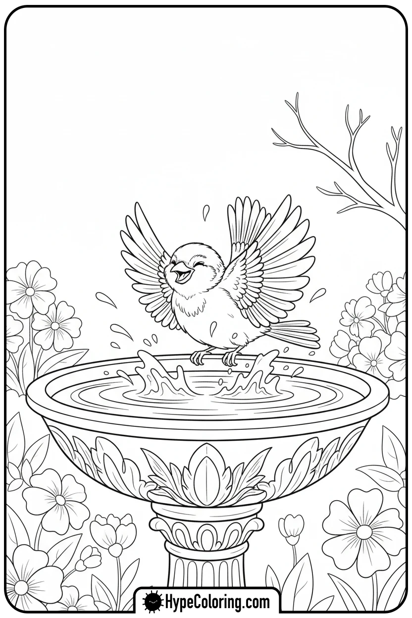 sparrow-splashing-in-bird-bath - birds coloring page