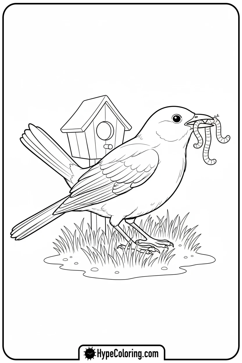 blackbird-with-worm - birds coloring page