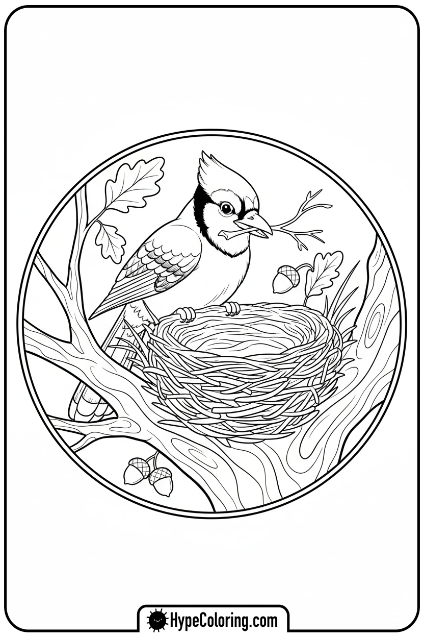 blue-jay-building-nest - birds coloring page