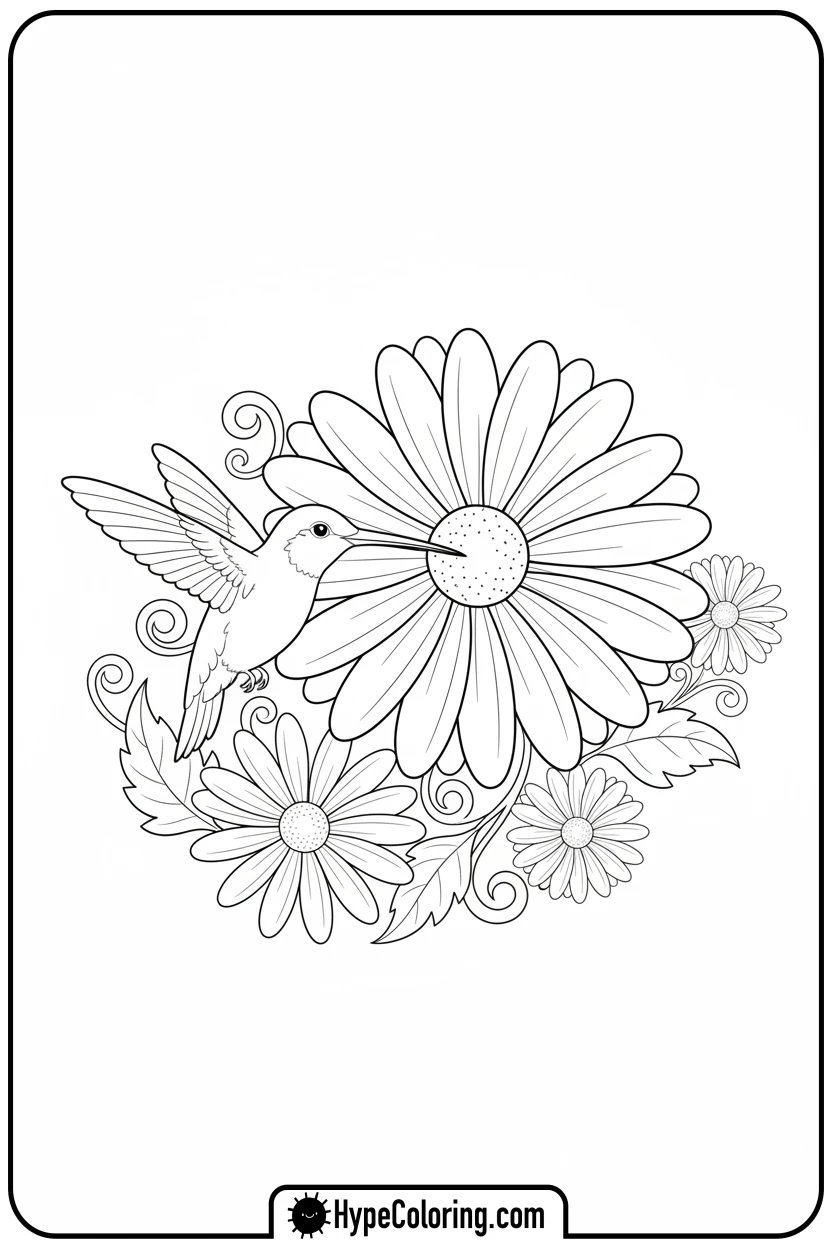 hummingbird-on-daisy - birds coloring page