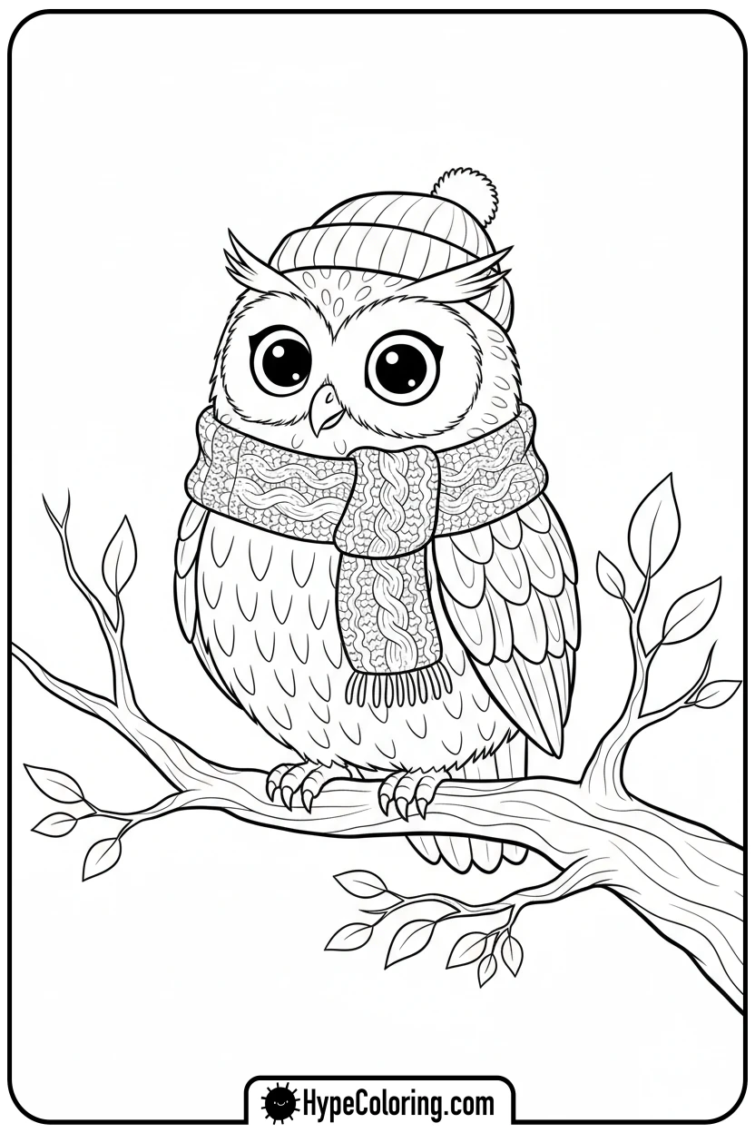 owl-in-scarf-and-hat - birds coloring page
