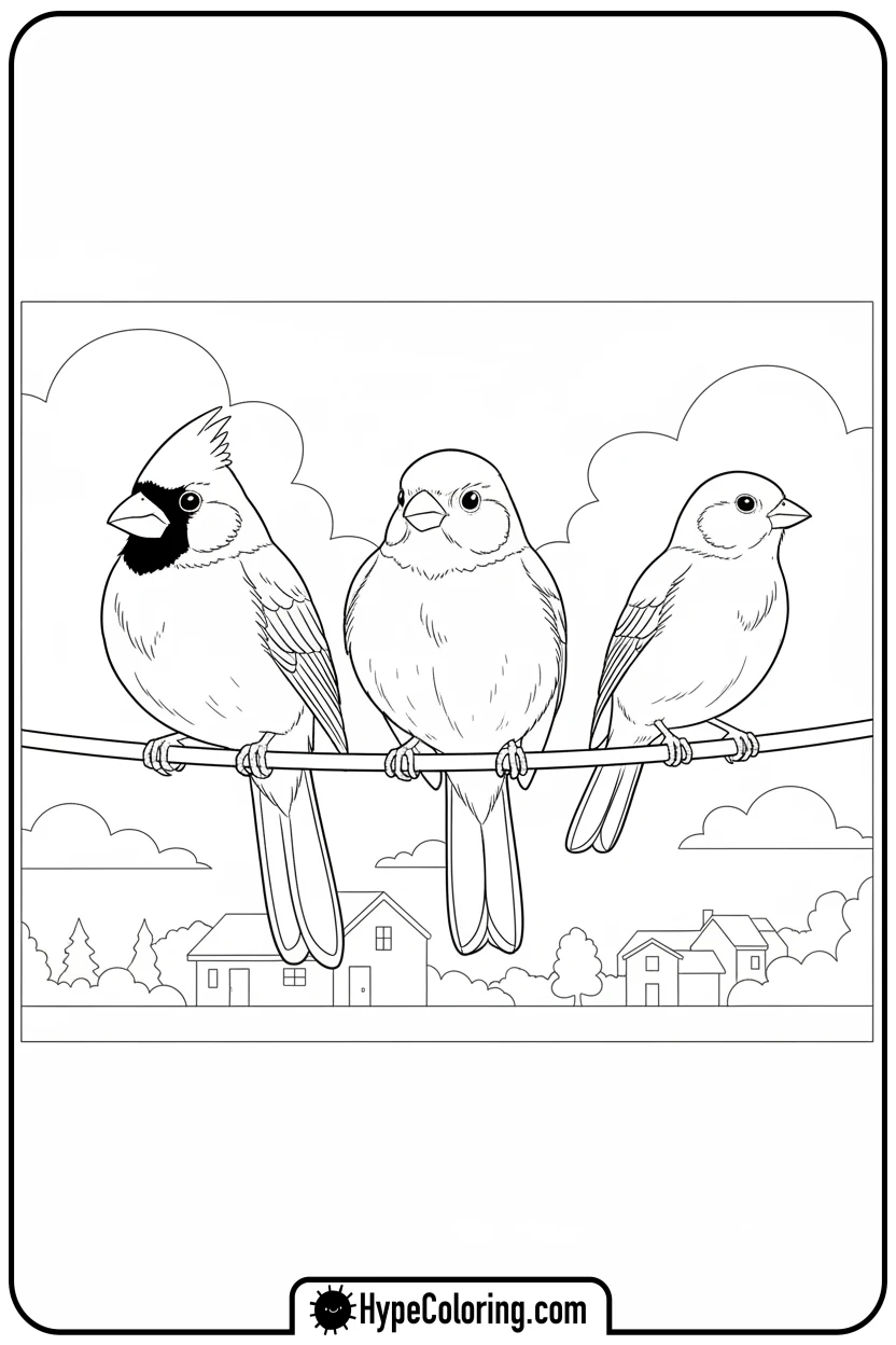 three-birds-on-wire - birds coloring page