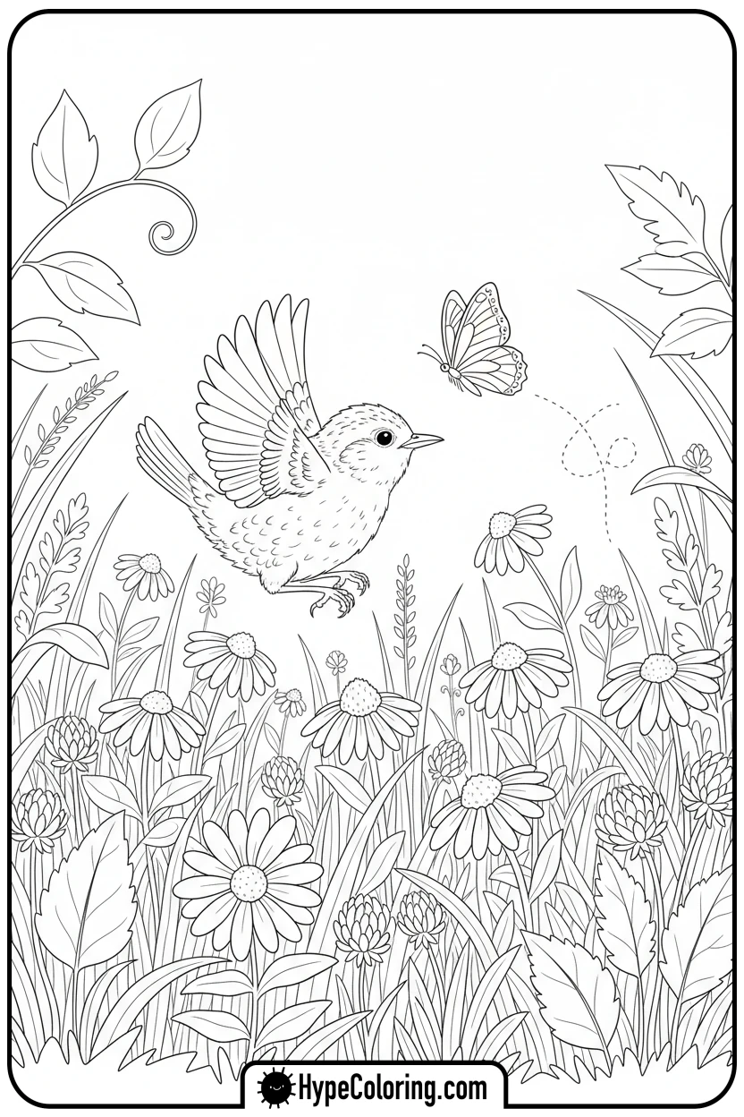 wren-chasing-butterfly - birds coloring page