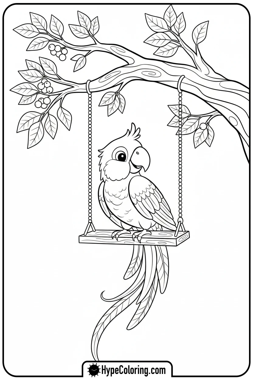 parrot-on-swing - birds coloring page