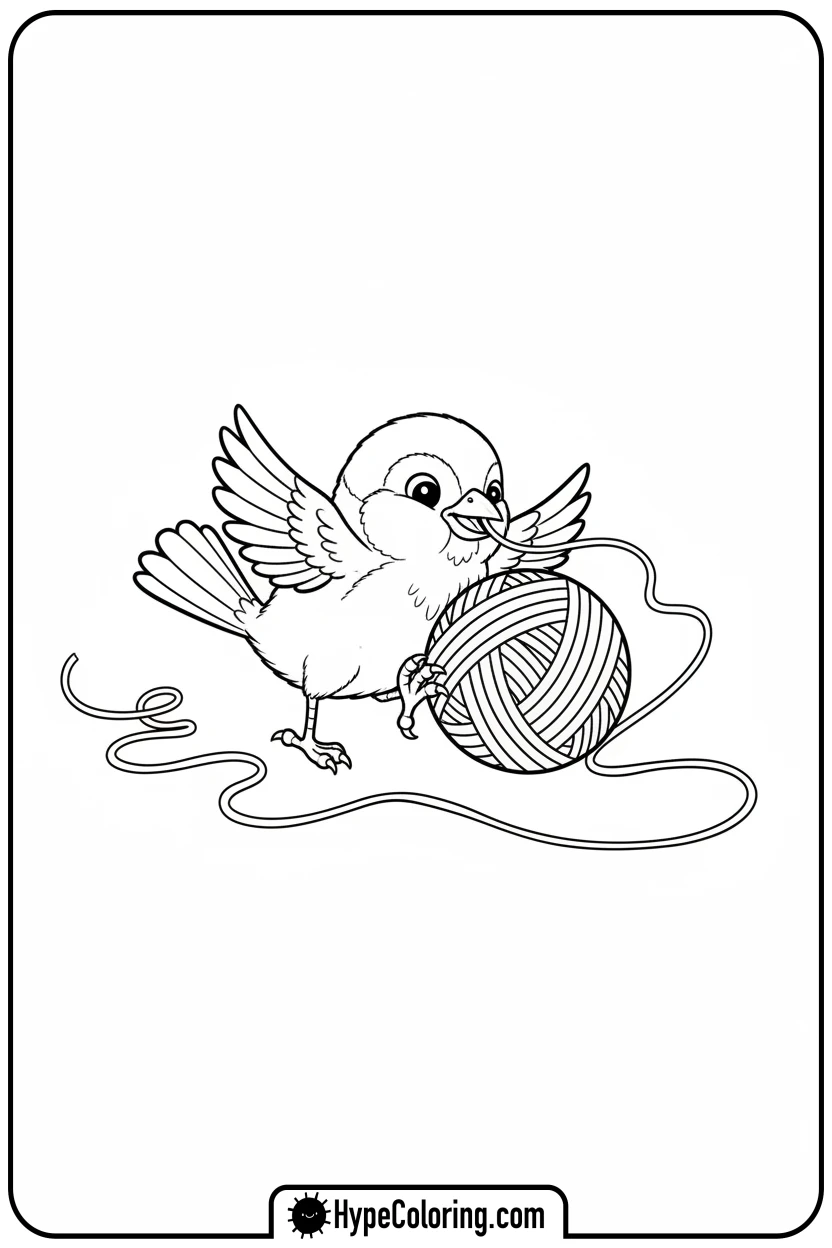 sparrow-playing-with-yarn - birds coloring page