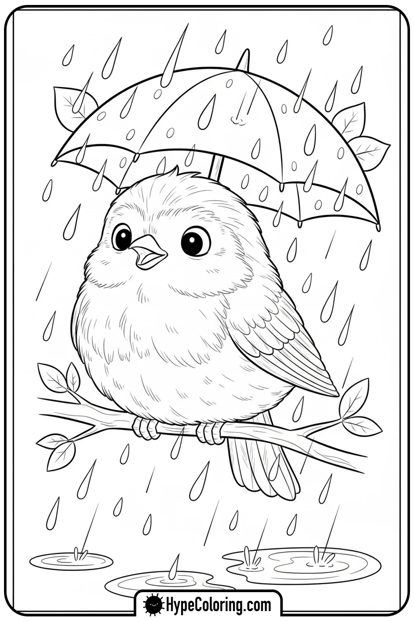 robin-under-umbrella - birds coloring page