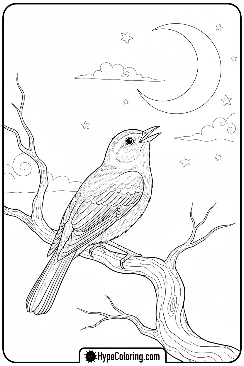 nightingale-gazing-at-moon - birds coloring page